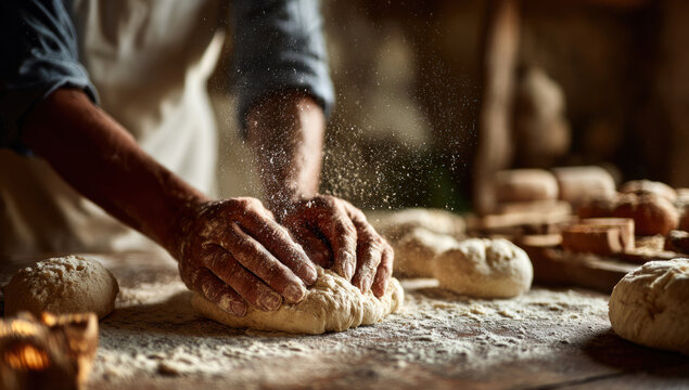 A baker is seen kneading dough on a floured wooden surface, preparing fresh bread in a warm, rustic kitchen, showcasing the traditional art of baking and the simple ingredients used to create.