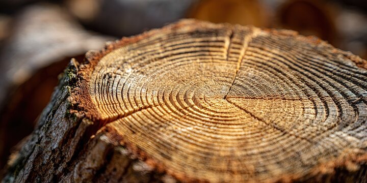 Detailed view of a freshly cut tree stump showcasing annual rings and natural texture