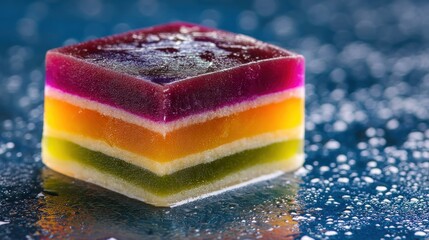 Close-up of a colorful, layered confectionery cube on a wet surface
