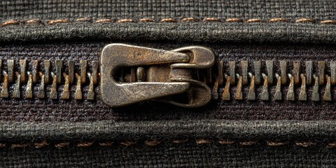 Close-up view of a vintage zipper showcasing detailed metal teeth and slider mechanism