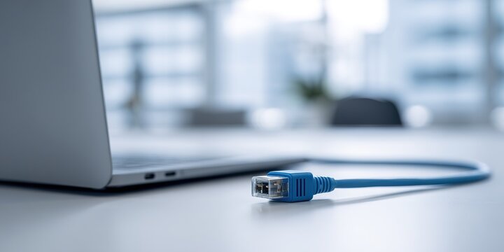 Close-up of a blue Ethernet cable connected to a laptop on a modern office desk during daylight hours