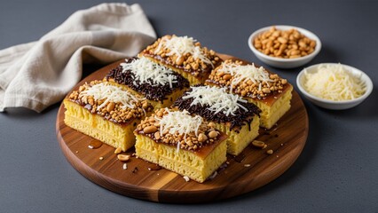 Six thick slices of Martabak Manis (sweet Indonesian thick pancake) with various toppings: grated cheese, chocolate sprinkles, and crushed peanuts on a wooden board.