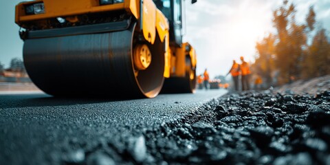 Road construction crew uses heavy machinery to pave new asphalt in a vibrant sunset scene