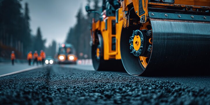 Road construction team working on highway with heavy machinery, showcasing asphalt rolling process during overcast day