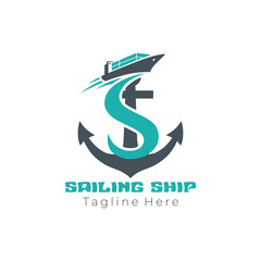 Obraz premium Sailing Ship with Anchor and Wave Letter S Logo Concept