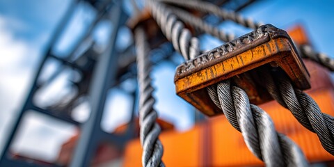 Heavy-duty lifting cables and pulley system at a shipping dock with bright orange containers in the background during daylight