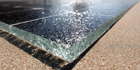 Close-up view of a solar panel edge reflecting sunlight with a textured surface on a sandy background during the day