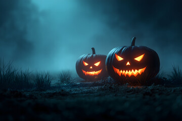spooky halloween pumpkins glowing in the dark foggy atmosphere