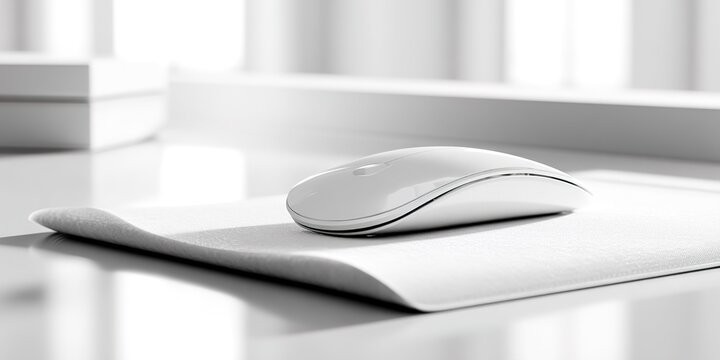 Elegant white mouse placed on a soft white mouse pad on a clean desk in a bright workspace