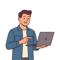 Animated character illustration with transparent background, featuring a cheerful man holding a laptop