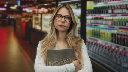Woman hugs book with arms while quietly standing in restaurant aisle; contemplation curiosity anticipation.
