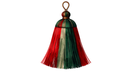 Isolated decorative tassel with red, white, and green strands hanging from a round, bronze-colored cap and loop.