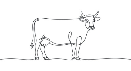 Continuous Line Drawing of Standing Cow on Transparent Background