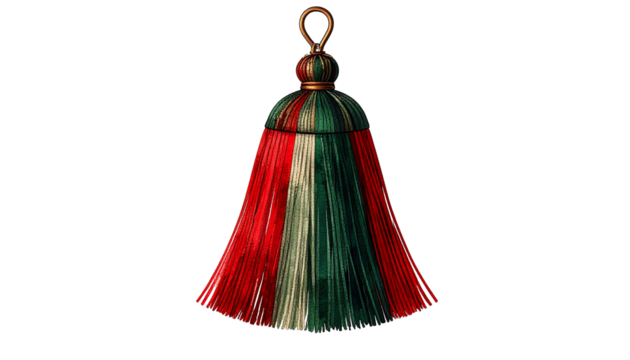 Isolated decorative tassel with red, white, and green strands hanging from a round, bronze-colored cap and loop.