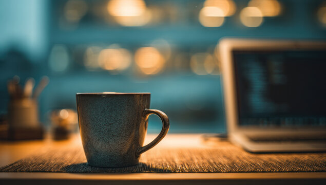 A cup of coffee sits on a wooden surface in front of a blurred laptop, creating a warm and inviting atmosphere for work or relaxation, perfect for a cozy morning or afternoon break.