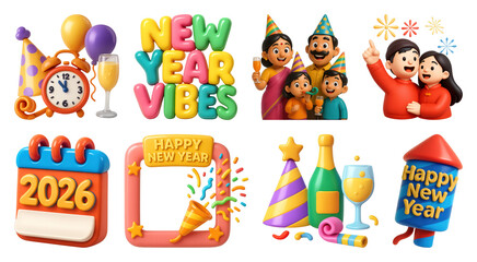Fototapeta premium PNG Festive New Year celebration graphics, element set on transparent background