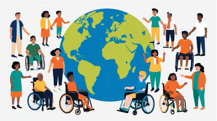 A colorful and modern vector illustration promoting global diversity and inclusion. A large Earth globe serves as the central background. Surrounding and interacting with the globe is a highly diverse