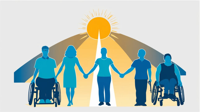 A silhouette image depicting a diverse group of seven people holding hands beneath a bright, stylized sun or halo. The group includes individuals who are standing and three people using wheelchairs, 