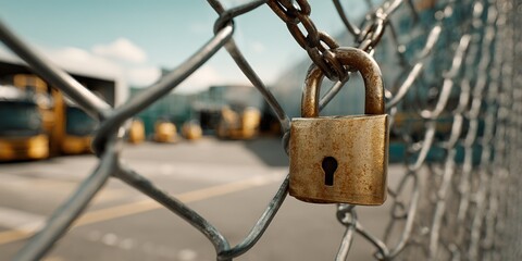 Lock secured on a chain link fence at an industrial site during bright daylight