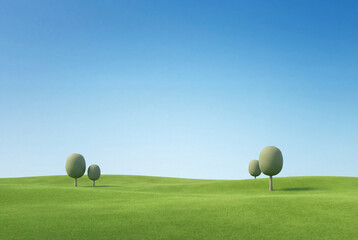 Minimalist landscape with green hills and sparse trees under a clear blue sky, showcasing an artistic and serene countryside setting. Copy space