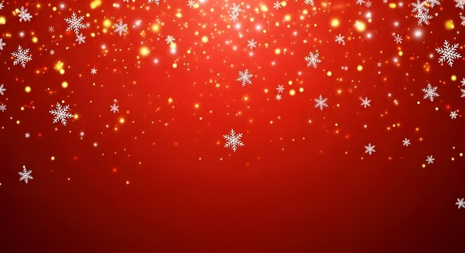 A festive red background with falling snowflakes and glowing bokeh lights, creating a magical holiday atmosphere perfect for christmas or winter themes