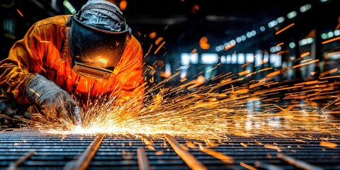 Skilled welder working in a busy industrial workshop creating sparks at dusk