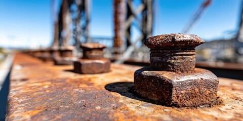 Rusty bolts on an industrial metal beam in a sunny outdoor setting near a construction site