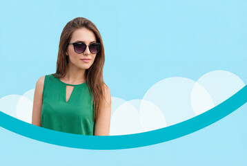 Young Caucasian woman in green dress and sunglasses against a stylish blue and white backdrop, exuding a modern and chic vibe. Copy space