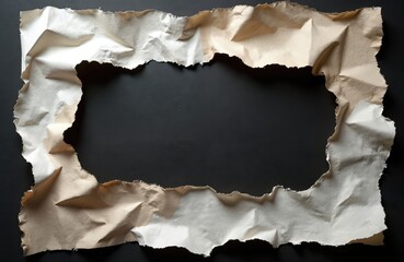 Torn crumpled paper frame on black background with empty space. Ripped beige white paper texture with rough edges. Damaged paper sheet with copy space on dark surface.