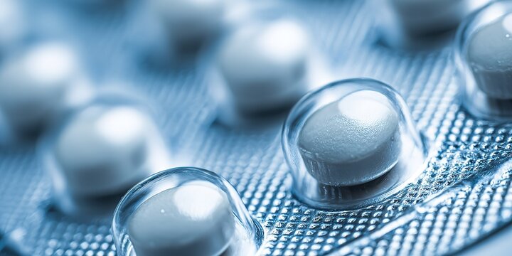 Close-up view of white pills in a blister pack showing details of medication in a well-lit environment