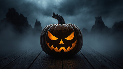 Eerie Jack O Lantern On Foggy Night Halloween Pumpkin Scene