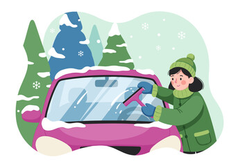 Car windshield scraping by a woman in winter scene