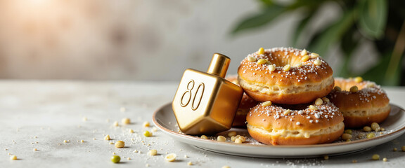 Donuts and golden dreidel on plate for Happy Hanukkah celebration