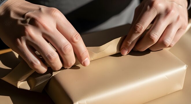 Close-up of hands in careful preparation for the new year, wrapping a special gift in simple brown paper
