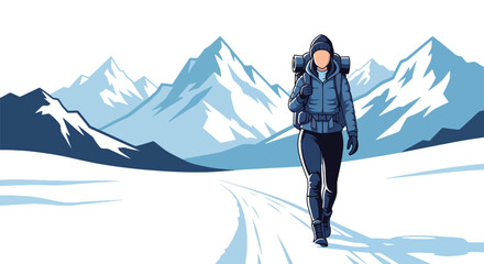 Solo backpacker hiking snowy mountain trail with bold scenery and crisp winter air. Ideal for adventure blogs, trekking guides, winter travel ads, and outdoor content © meeblues