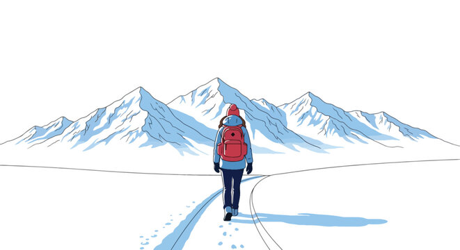 Solo backpacker hiking snowy mountain trail with bold scenery and crisp winter air. Ideal for adventure blogs, trekking guides, winter travel ads, and outdoor content