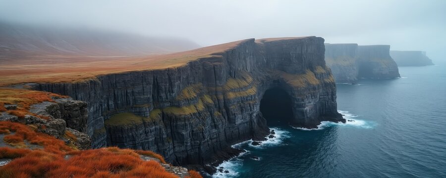 Towering grey cliffs meet deep blue ocean. Waves crash at rugged base of rock formations. Natural sea cave pierces dramatic coastline. Red brown grass covers flat land under misty overcast sky. - Powered by Adobe
