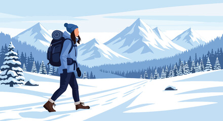 Solo backpacker hiking snowy mountain trail with bold scenery and crisp winter air. Ideal for adventure blogs, trekking guides, winter travel ads, and outdoor content © meeblues