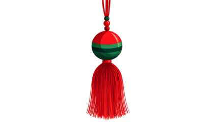 A red and green decorative tassel with a spherical ornament and hanging threads, isolated on a white background.