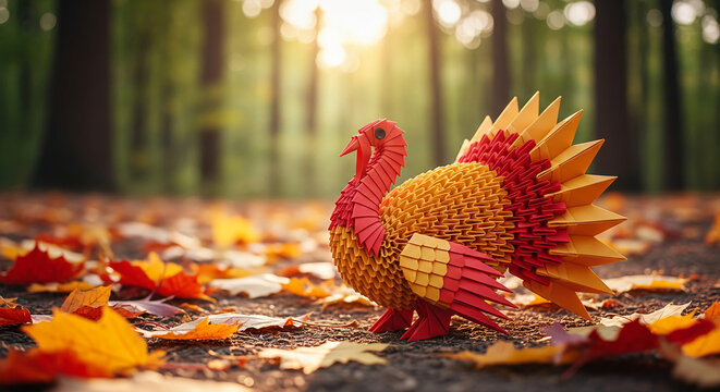 Red and yellow origami turkey stands in forest, autumn leaves, and sunlit background, symbolizing Thanksgiving, harvest, and creative arts