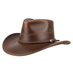 Classic brown leather outback hat with braided band and button isolated on white background western style headwear for outdoor adventures