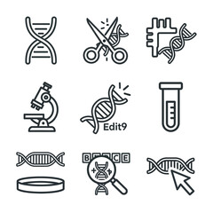 Fototapeta premium A collection of black outline icons for genetics, gene editing, and biotechnology research.