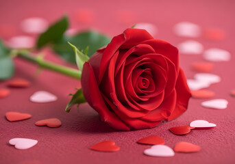 Close-up macro of single red rose bud on vibrant red background | Romantic Valentine's Day setting with deep red rose and heart confetti | Luxurious floral symbol of love and passion for anniversary