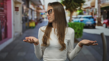 Fototapeta premium Woman points thumbs to chest on a crowded city street wearing glasses and white top and long hair, expressive face and open mouth questioning gesture; confusion doubt.