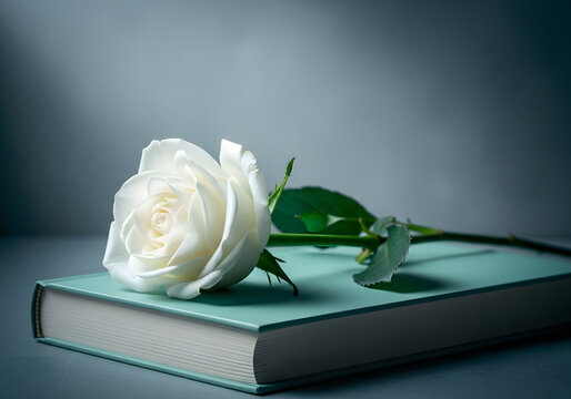 Single white rose lying on closed teal hardcover book | Elegant low-key photography of romance and literature | Moody still life featuring purity and knowledge symbol