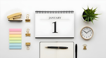 Workspace flat lay with January 1st calendar, symbolizing new year preparation and a fresh start for setting goals