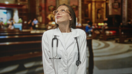 Woman doctor in white labcoat with stethoscope looking up and gazing toward altar in church building, hands relaxed; faith care serenity.