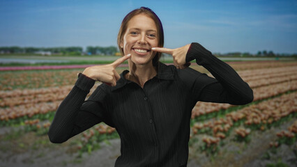 Woman points finger to cheeks in a tulip field outdoors near rows of flowers under blue sky;...