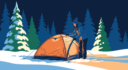 Traveler camping in snowy forest with glowing tent under winter sky. Ideal for adventure branding, winter outdoor content, travel ads, and seasonal illustrations