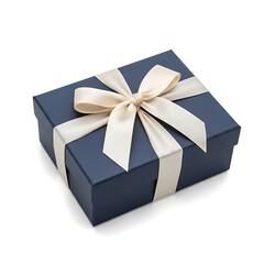 Elegant navy blue gift box with cream ribbon bow isolated on white background presents for holidays and special occasions